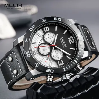 MEGIR vyriški Sportiniai Kvarciniai Laikrodžiai Mados Odinis Dirželis Chronograph Analoginės Riešo Žiūrėti Žmogui Šviesos Vandeniui 2084GBK-1
