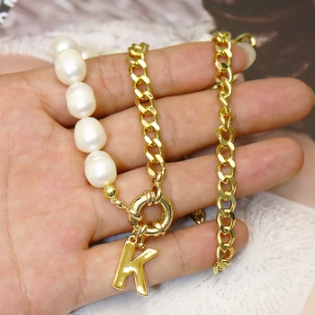 3 Vnt. Rankų darbo perlų vėrinį metalo grandinės karoliai, Perlų, aukso raidė karoliai moterų papuošalai, mada Aksesuarai