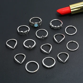 8 vnt./rinkiniai Žiedai nustatyti, Antikvariniai Sidabro Spalvos Metaliniais Žiedais Moterų Mėnulis Lapai Širdies Žiedai Lapų Geometrinis Papuošalai dovana mados