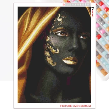 Huacan Diamond Mozaikos Seksualus Afrikos Moteris Diamond Tapybos Rinkinio Aukso Mozaika Kryželiu Portretas Amatų Sienų Apdaila