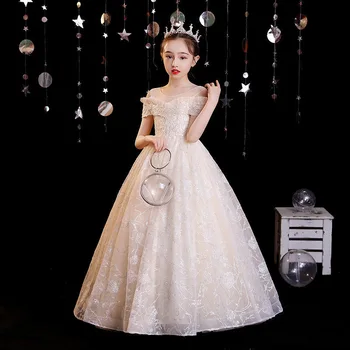 Šampanas China Tiulio Elegantiškas Mergina Šalis Suknelė Ilgalaikės Formalios Vestuvių Suknelė, Pirmosios Komunijos Drabužiai Princesė Gimtadienis Kostiumas