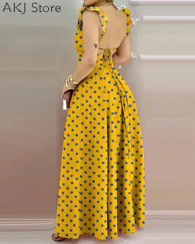 Moterų Geltona Raukiniai Polka Dot Spausdinti Pusėje Ritininės Aukšto Juosmens Maxi Suknelė