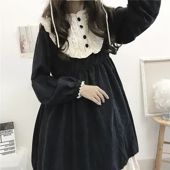 Japonų Stiliaus 2021 M. Rudenį Moterų Suknelės, O-Kaklo Aukštos Juosmens Lieknėjimo Kontrasto Spalvų Susiėmę Kawaii Mielas Saldus Lolita Suknelė juoda
