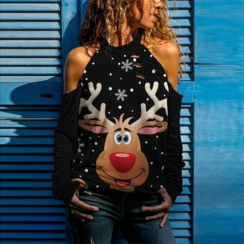 Kawaii Juokingas Kalėdų Išspausdintas Viršų Moterys nuo Peties O-kaklo Ilgą Rankovėmis Marškinėlius Skylę Tuščiaviduriai Ponios T-shirt Naujas Harajuku Tee