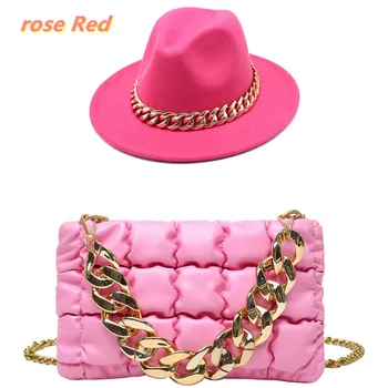 Rose Red Fedora Skrybėlę Negabaritinių Grandinės Priedų Krepšys Mados Unisex Skrybėlę 2021 Naujausias Grandinės Dviejų dalių Rinkinys, шапка женская