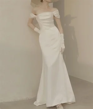 Off-Pečių prancūzų Stiliaus Valymo Traukinio Senovinių Vestuvių Suknelė iki 2021 m. Elegantiškas Satino Apvalkalas, Vestuvinės Suknelės vestidos de mairee Vestuvių