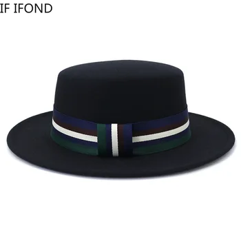 Naujas Veltinio Fedoras Skrybėlę Atsitiktinis Melonik/Derby Flat Top Džiazo Kepurės Vyrams, Moterims, Vestuves Bažnyčioje Skrybėlės