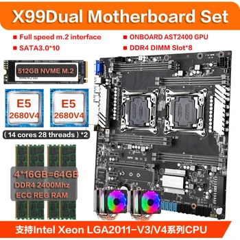 X99 dual plokštė rinkinys su 2vnt XEON E5 2680V4 14-core Procesorius, 4*16 gb ddr4 2400mhz ecc reg ram 2vnt aušintuvas 512 GB M. 2 SSD
